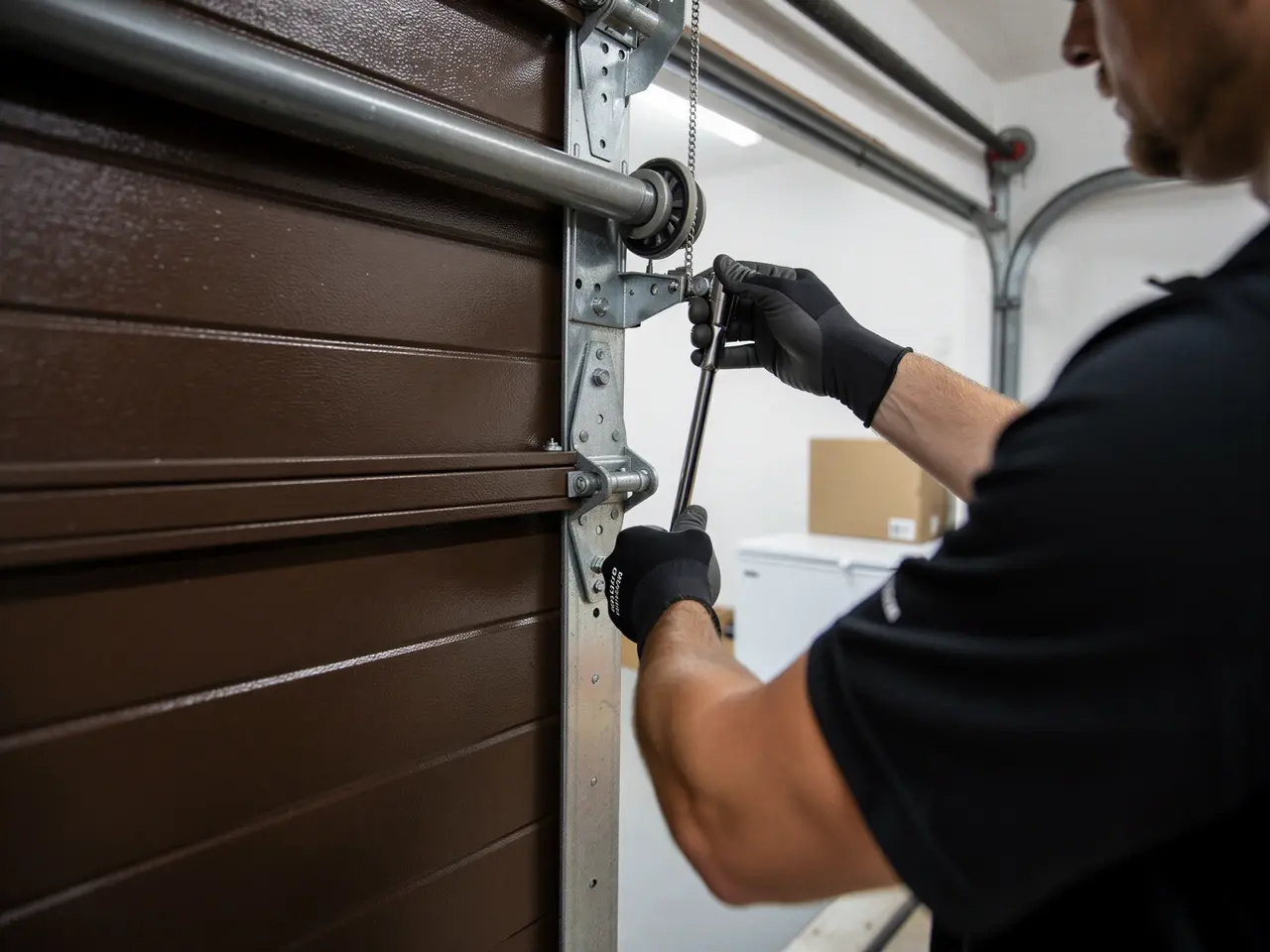 A technician in black gloves adjusts a brown garage door with a tool.