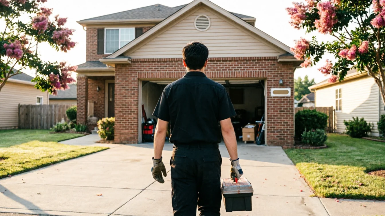 A technician in a black shirt and work gloves carries a toolbox toward a house.