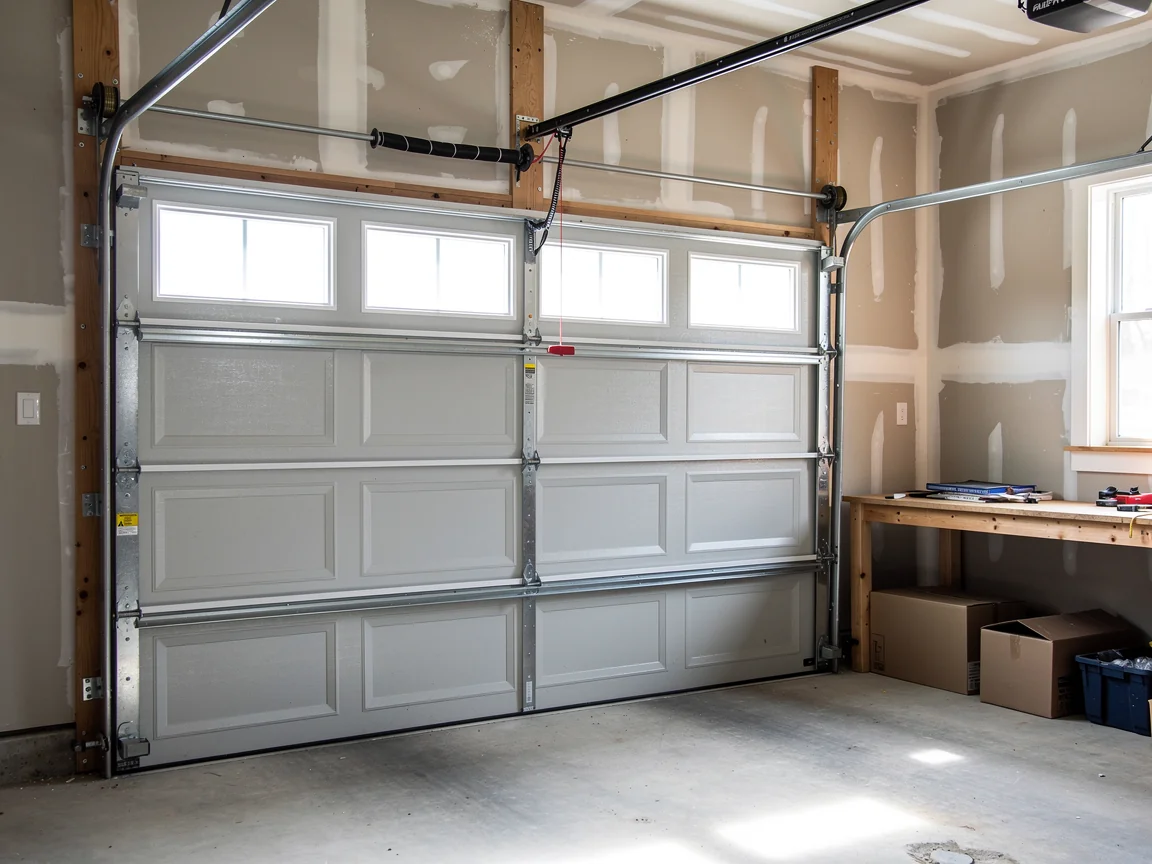 A light gray garage door with windows is partially open in a garage.